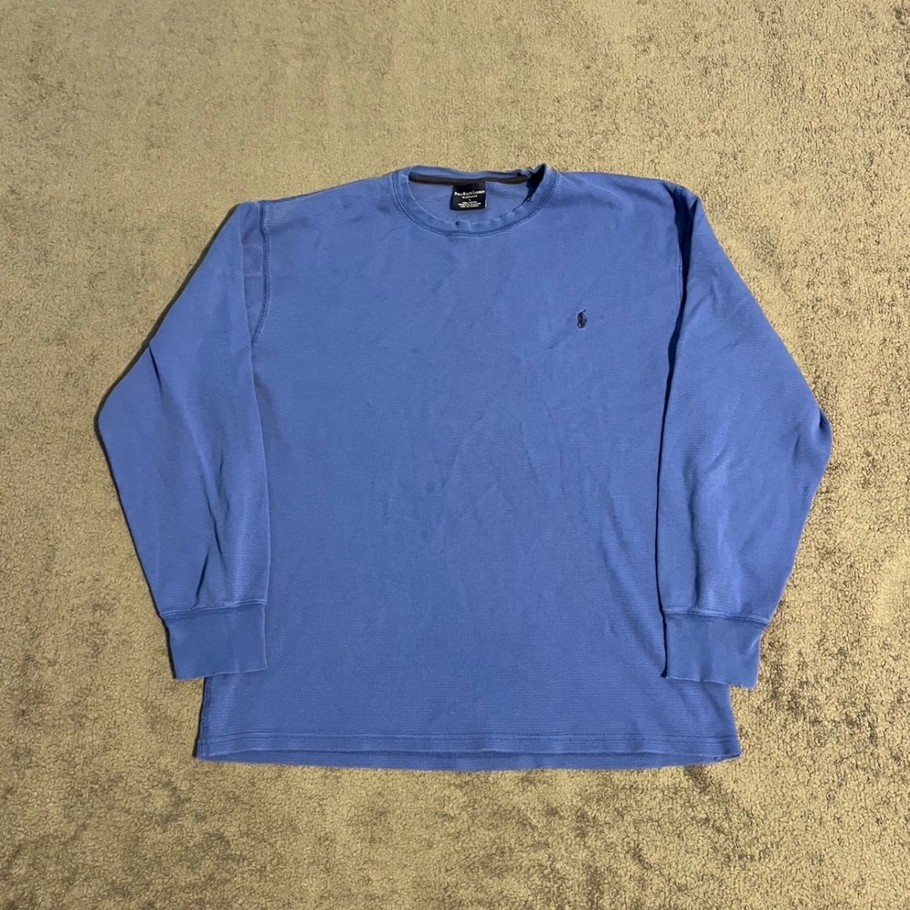 Y2K Polo Ralph Lauren Mens Blue Distressed Waffle Knit Thermal Shirt Large